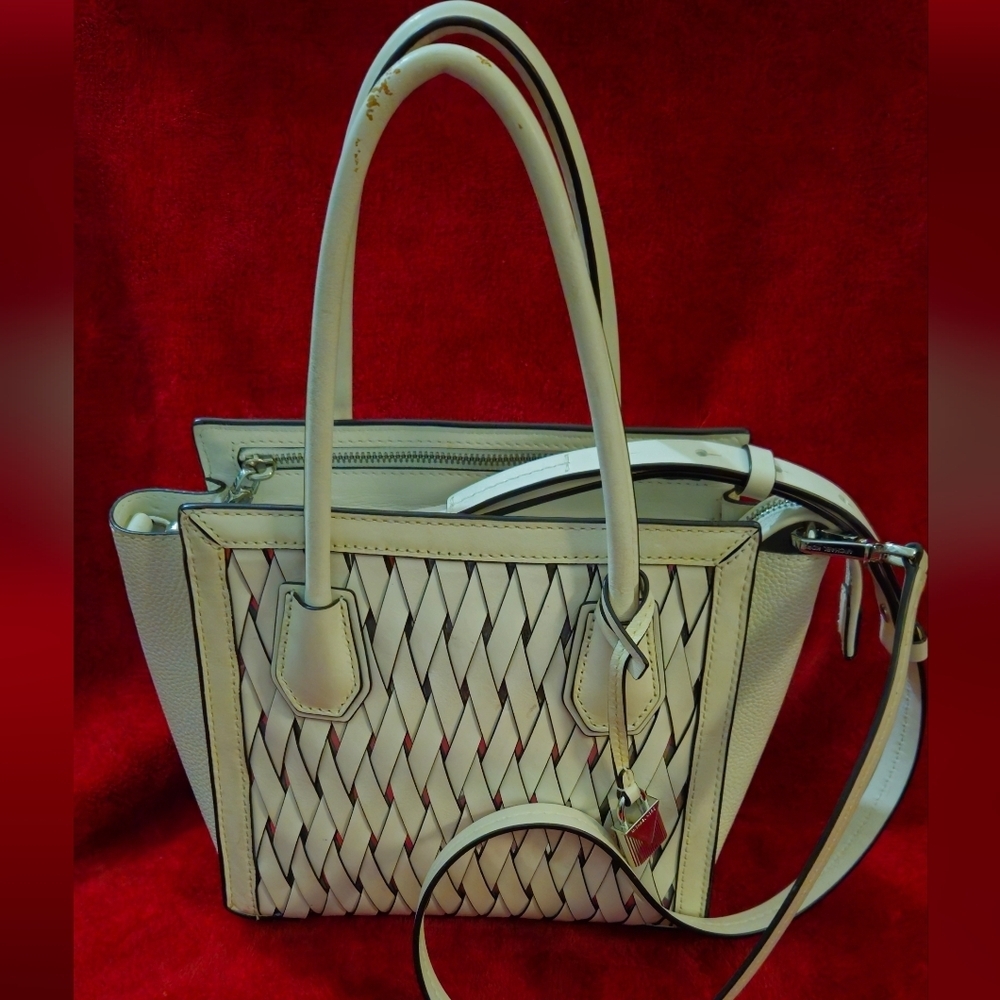 Michael Kors Mercer Studio Woven Cream Leather Crossbody/Shoulder Bag/ Tote